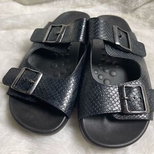 Malu black leather reptile prints straps sandals with silver tone buckle…